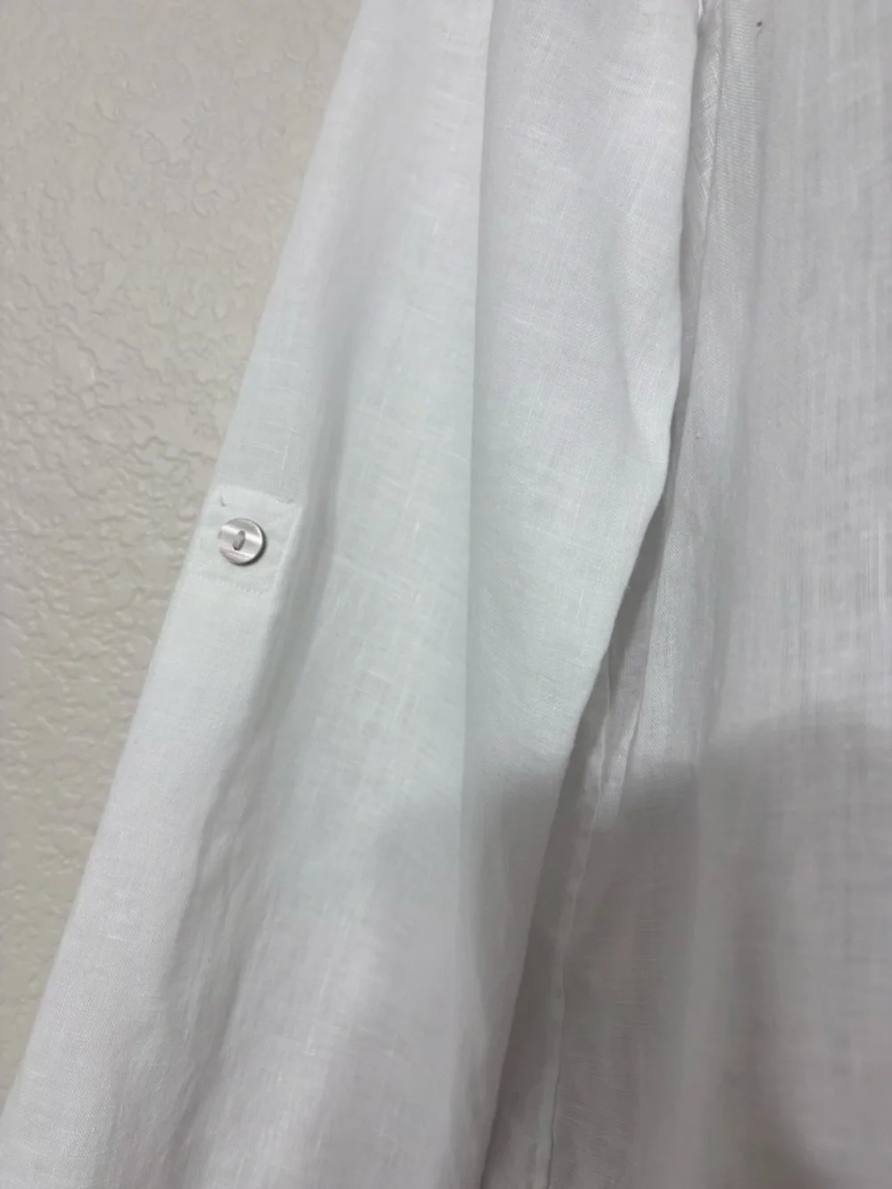 Chico’s Button-Down Linen Shirt with Purple Floral & Navy Stripe Roll Tab Sleeve - Picture 7 of 15